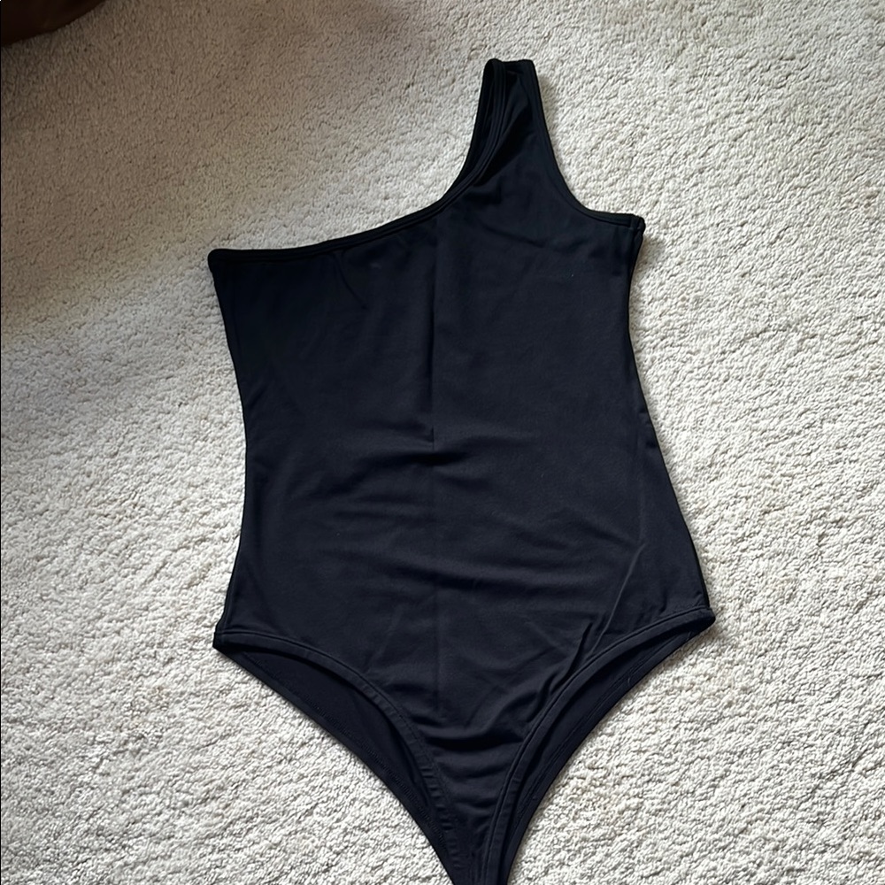 New-Black One Shoulder Bodysuit with Asymmetrical Neckline